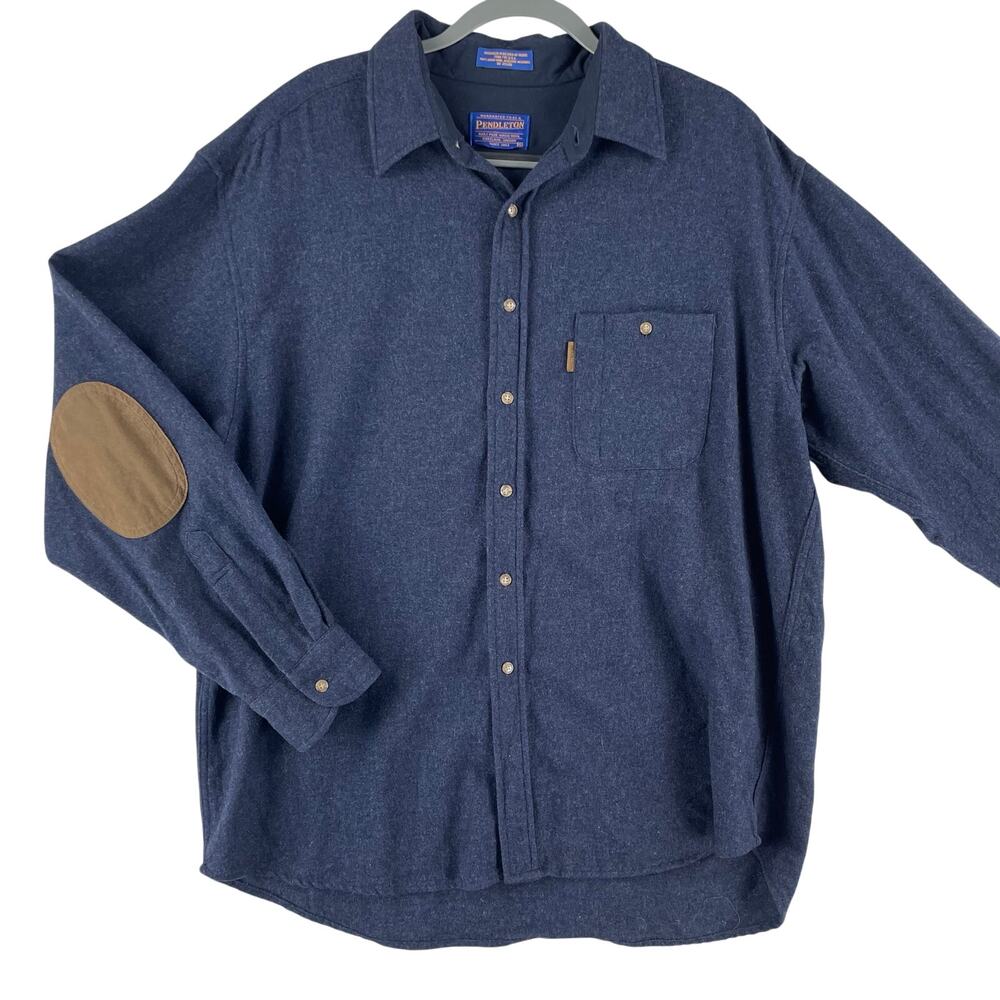 Pendleton Mens Elbow Patch Trail Shirt SZ XL Navy Virgin Wool Button Up